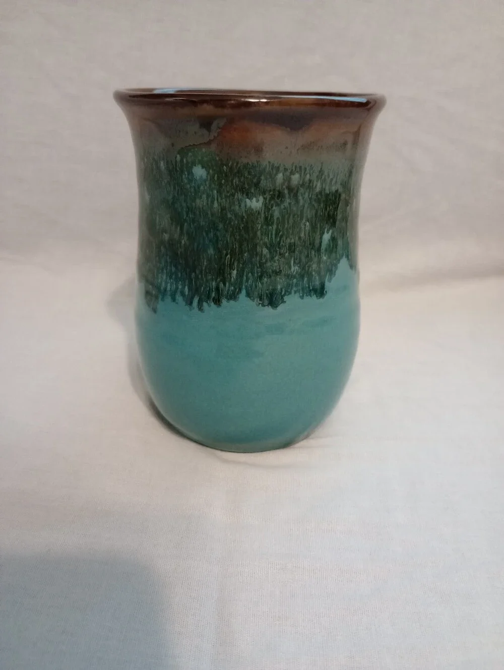 Neher Clay In Motion Ocean Tide Blue Brown Drip Glaze Right Hand Handwarmer Mug